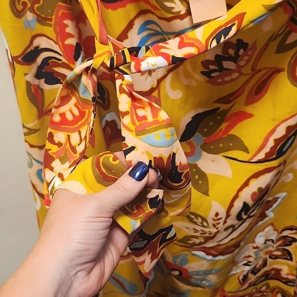NWT Loft Plus Mustard Yellow Floral Paisley Print Belted Skirt 14Plus